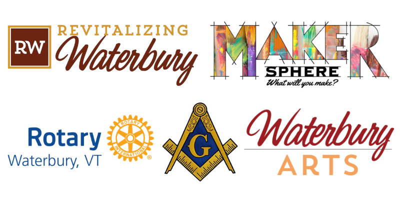 Logos of Revitalizing Waterbury, Waterbury MakerSphere, Waterbury Rotary Club, Waterbury Masonic Lodge, and Waterbury Arts